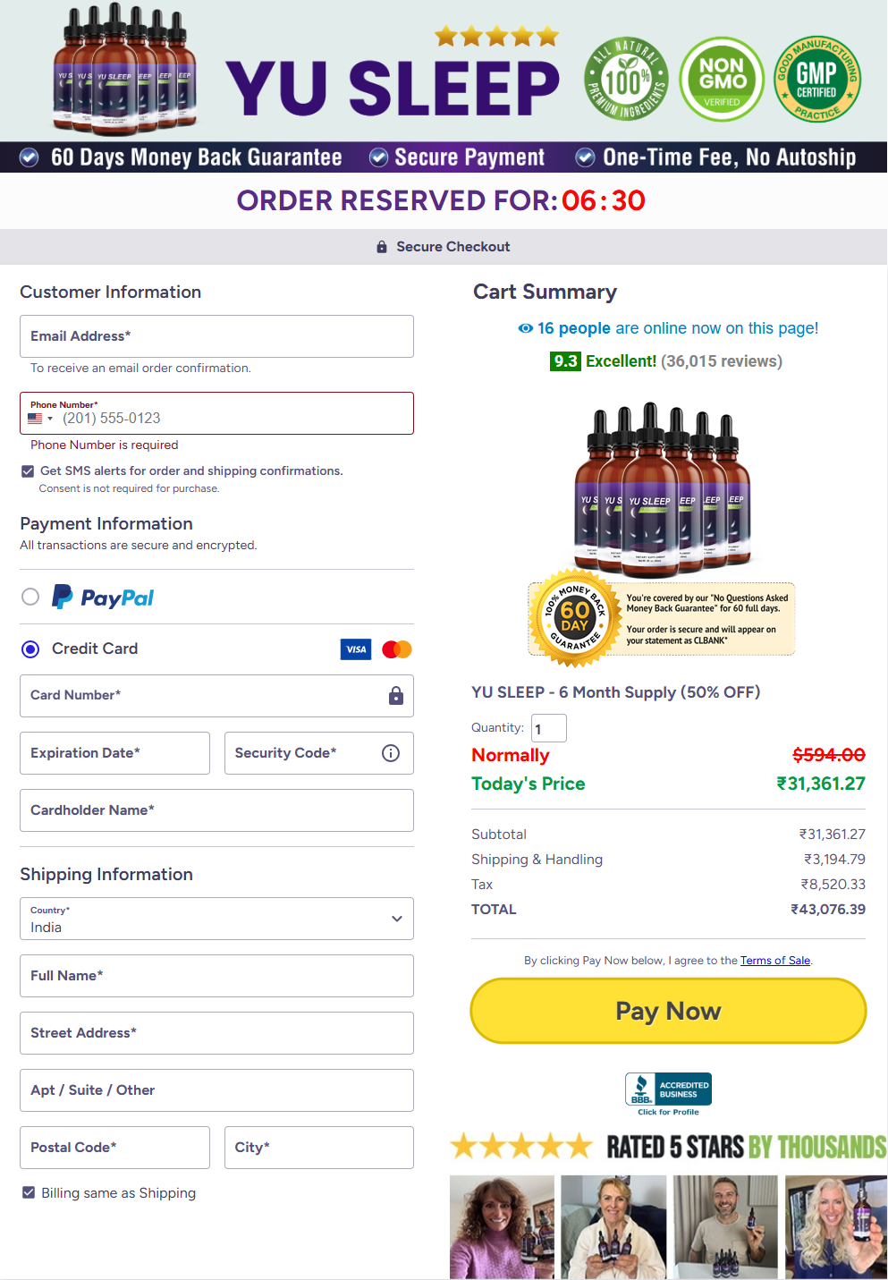 Supplied Yu Sleep checkout example showing order and payment details