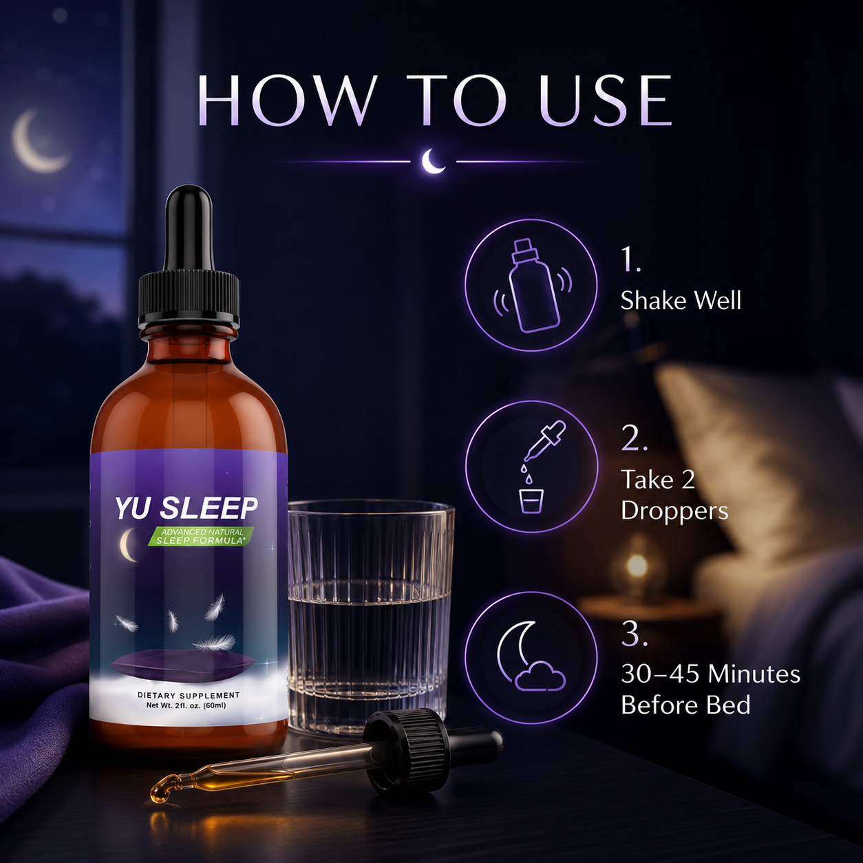 Yu Sleep routine illustration: shake well, two droppers, before bed