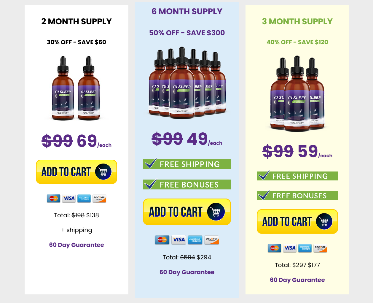 Yu Sleep package prices: two bottles $138, six bottles $294, three bottles $177