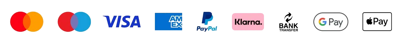 Payment methods accepted including Visa, Mastercard, AMEX, PayPal, Klarna, bank transfer, G Pay, and Apple Pay